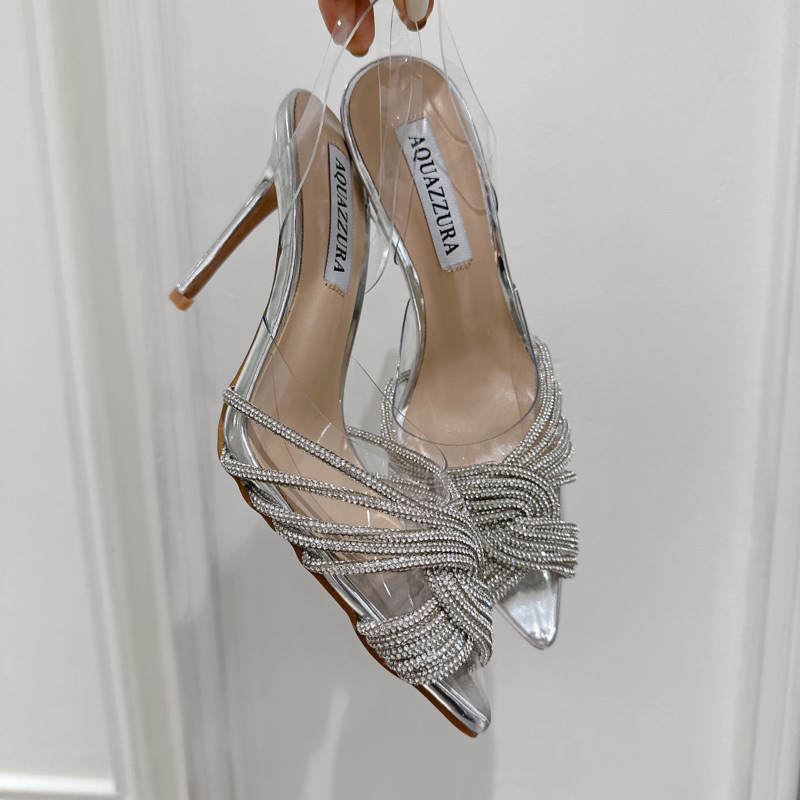 Giày cao gót đá xoắn quai hậu trong suốt Aqua