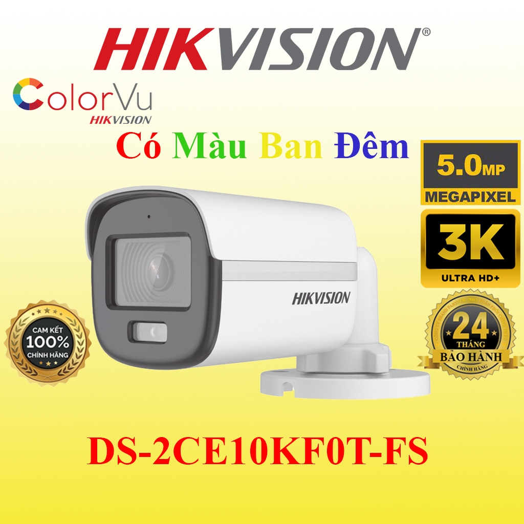 Camera HDTVI ColorVu 5MP HIKVISION DS-2CE10KF0T-FS Vỏ Sắt, Chống Nước IP67, Chống Ngược Sáng - Hàng Chính