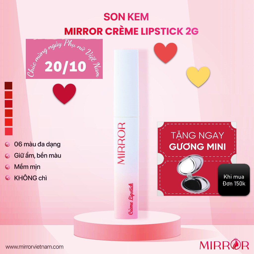 Son kem lì MIRROR Crème Lipstick 2g - Son môi lì, mềm mịn, lâu trôi, không chì, chính hãng