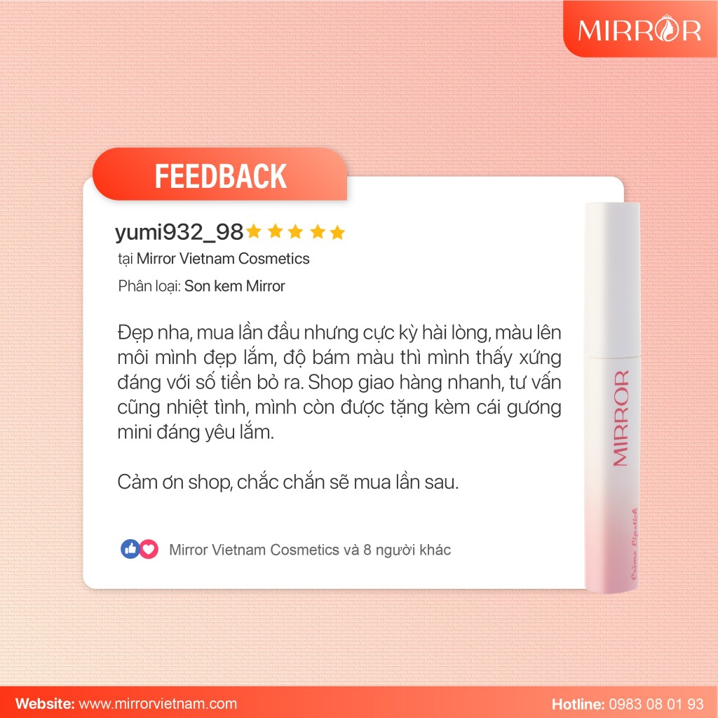Son kem lì MIRROR Crème Lipstick 2g - Son môi lì, mềm mịn, lâu trôi, không chì, chính hãng