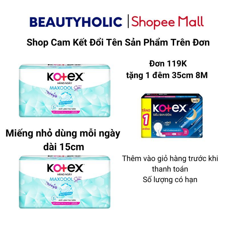 Combo Băng vệ sinh Kotex Hàng ngày Mát Cool không cánh 15cm 40 miếng