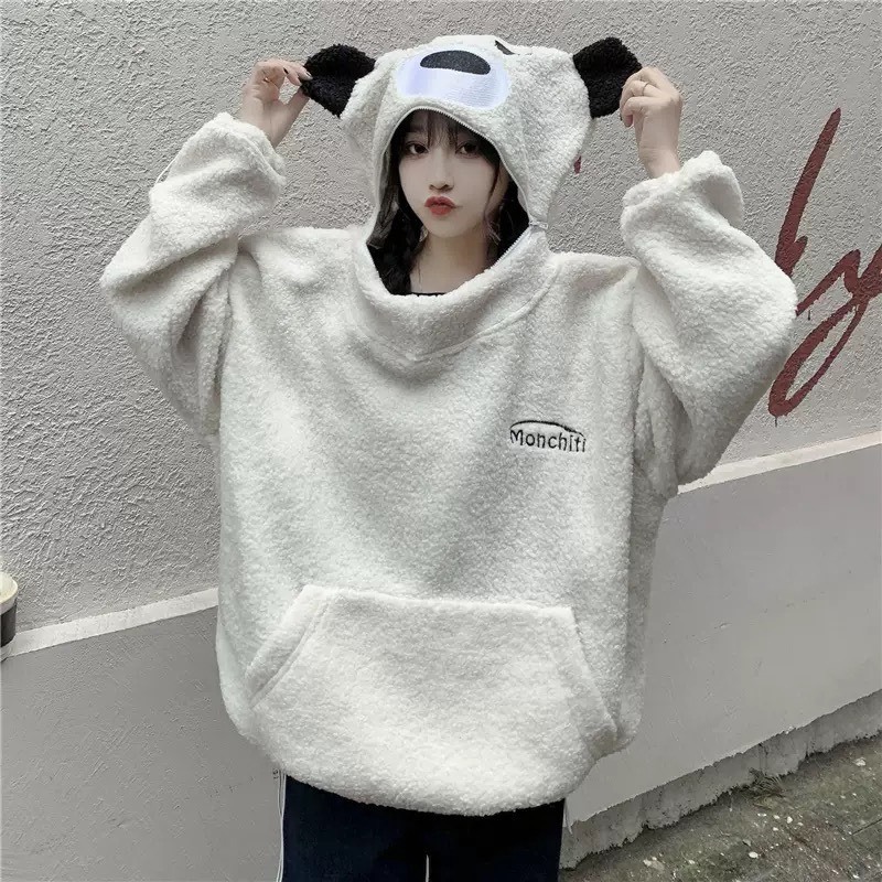 Áo hoodie lông có mũ có tai gấu siêu xinh dành cho người hướng nội phong cách Ulzzang