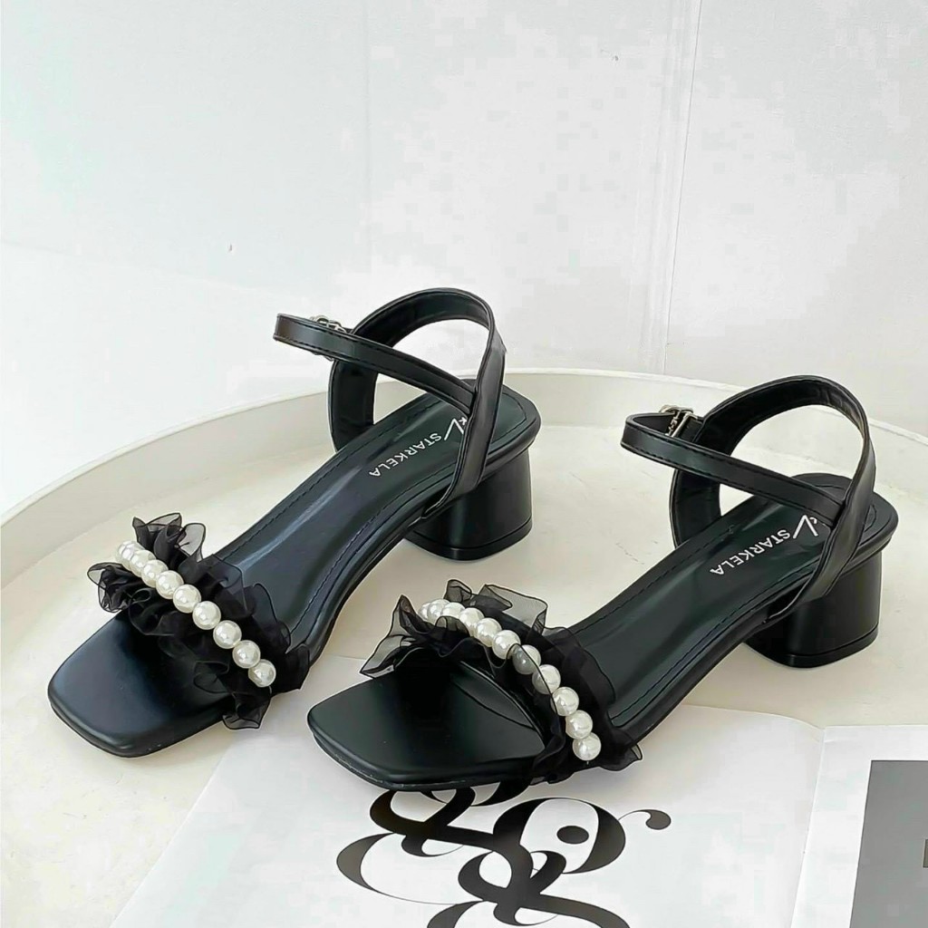 Giày Cao Gót Sandal Quai Vải Voan Mềm Nhún Viền Ngọc Đế Vuông Cao 3 Phân Nữ