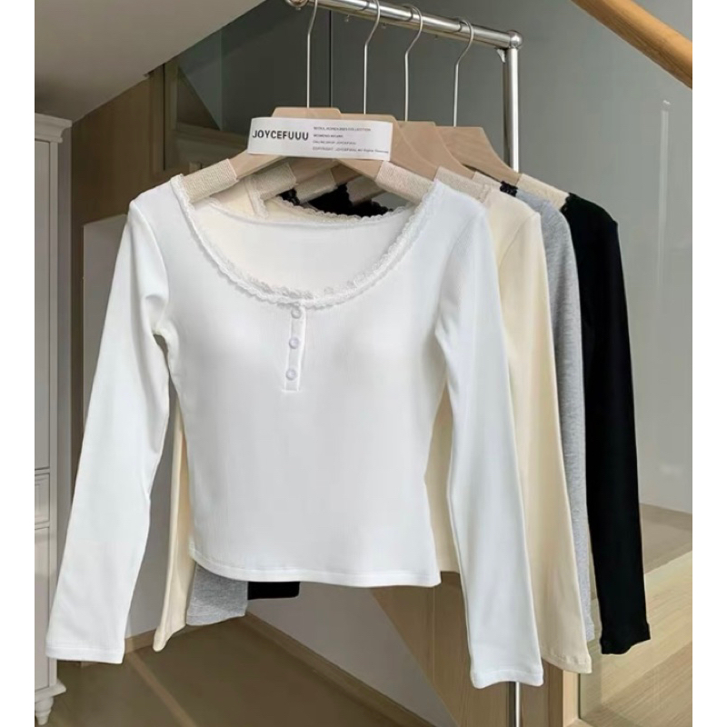 Áo thun nữ trơn dài tay cổ tròn viền ren dáng ôm chất thun gân giữ nhiệt phong cách vintage T07