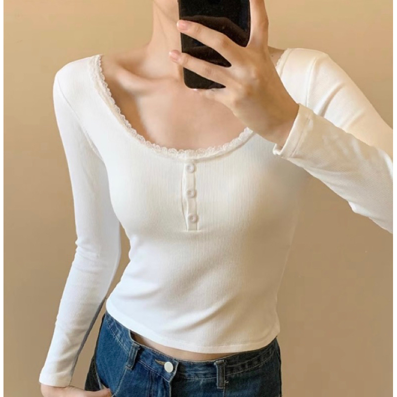 Áo thun nữ trơn dài tay cổ tròn viền ren dáng ôm chất thun gân giữ nhiệt phong cách vintage T07