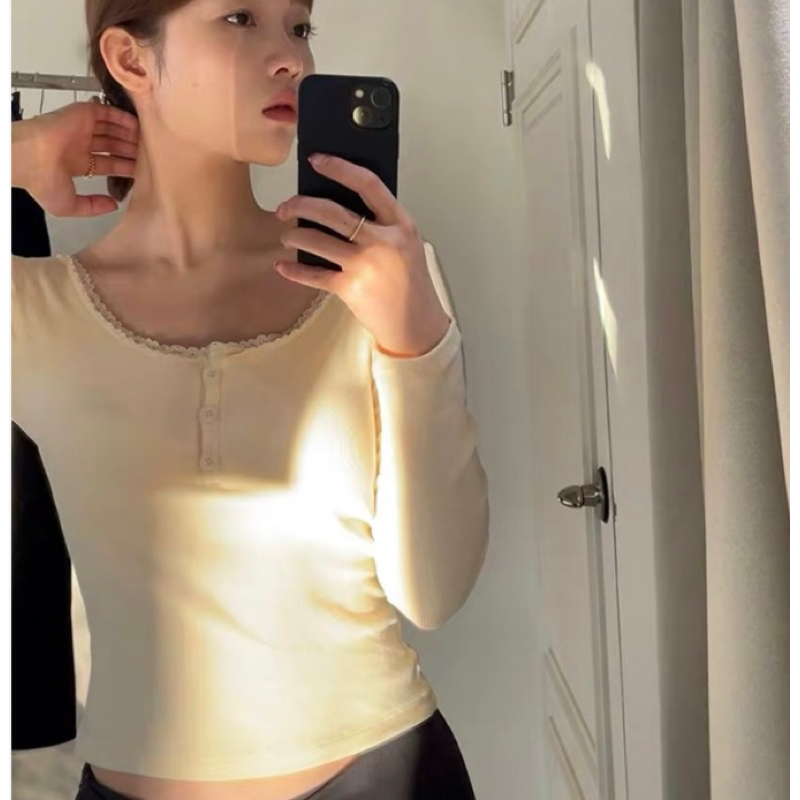 Áo thun nữ trơn dài tay cổ tròn viền ren dáng ôm chất thun gân giữ nhiệt phong cách vintage T07