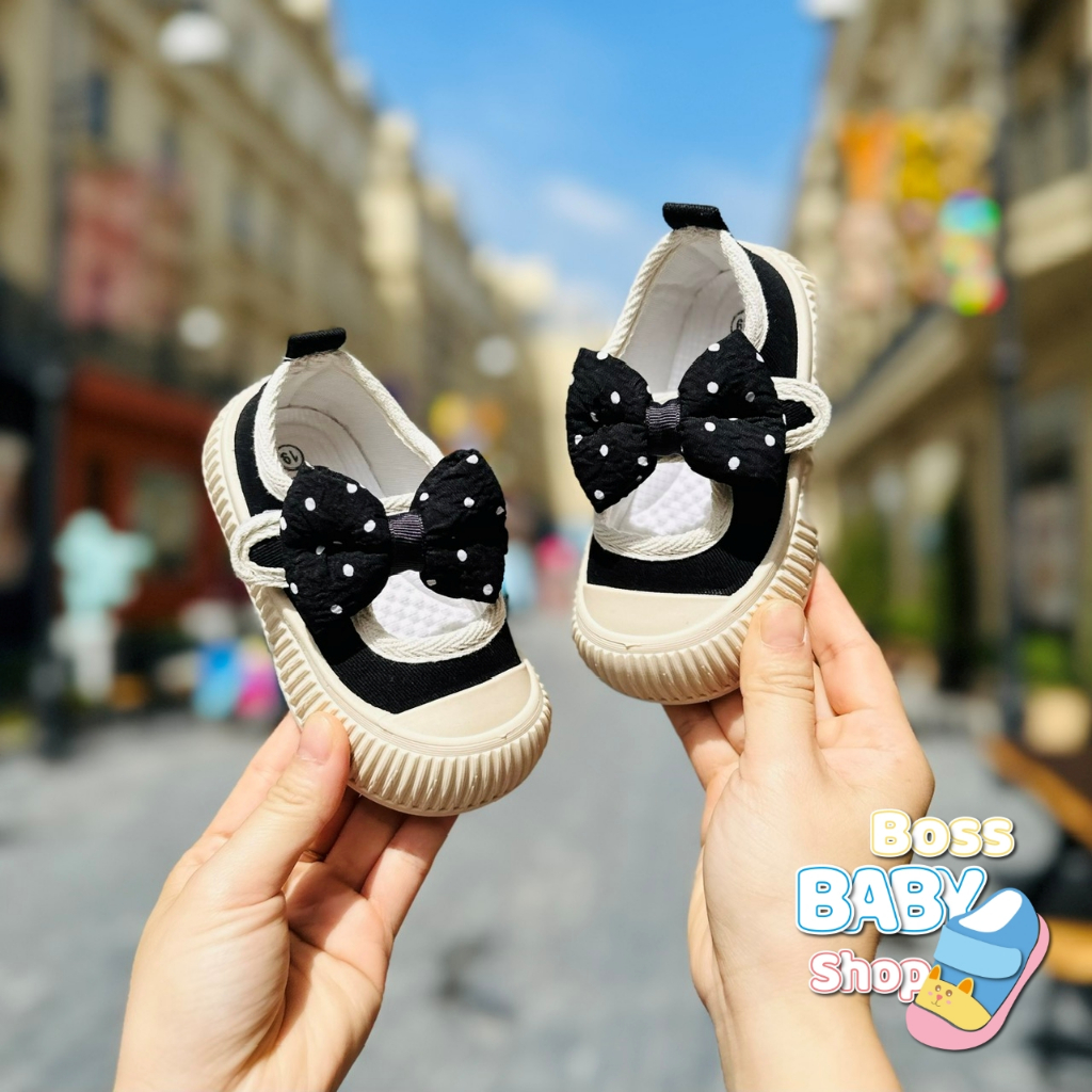 Giày cho bé gái tập đi mới biết đi dáng lười họa tiết chấm bi nơ hoa đáng yêu chống trượt quai ngang thời trang