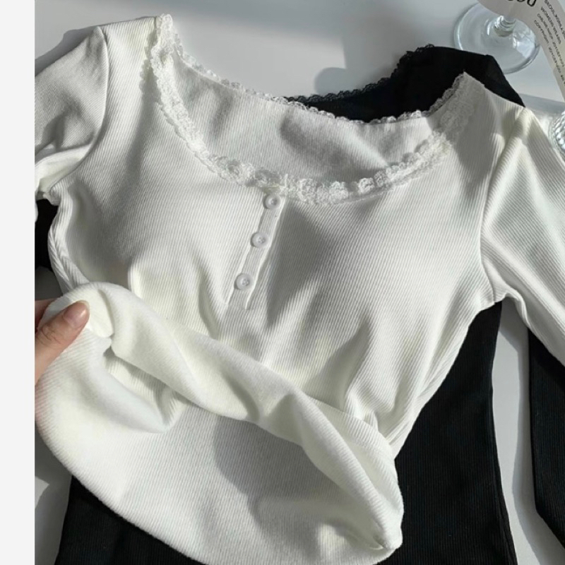 Áo thun nữ trơn dài tay cổ tròn viền ren dáng ôm chất thun gân giữ nhiệt phong cách vintage T07