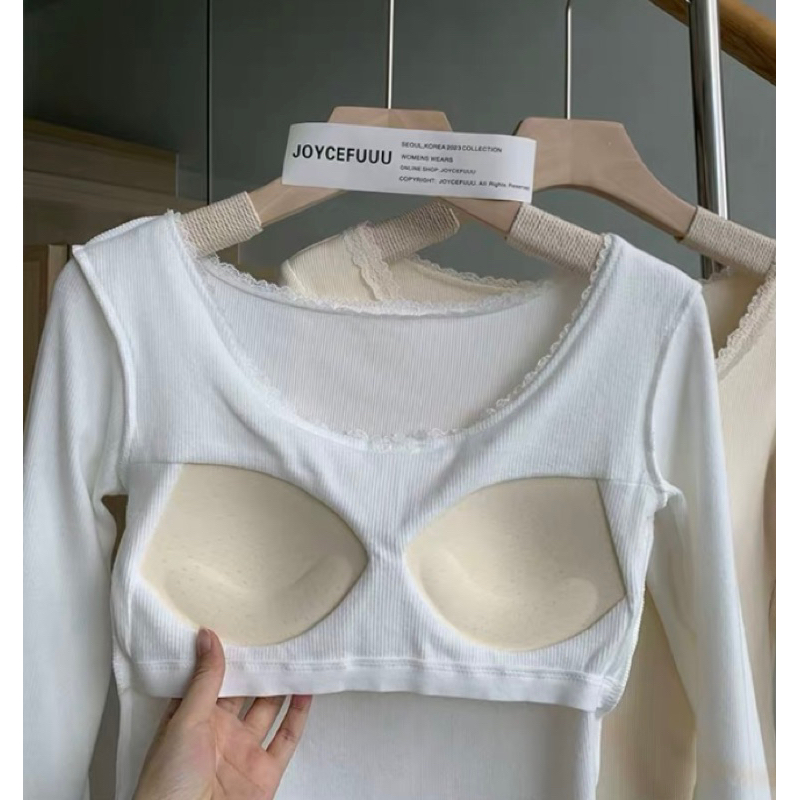 Áo thun nữ trơn dài tay cổ tròn viền ren dáng ôm chất thun gân giữ nhiệt phong cách vintage T07