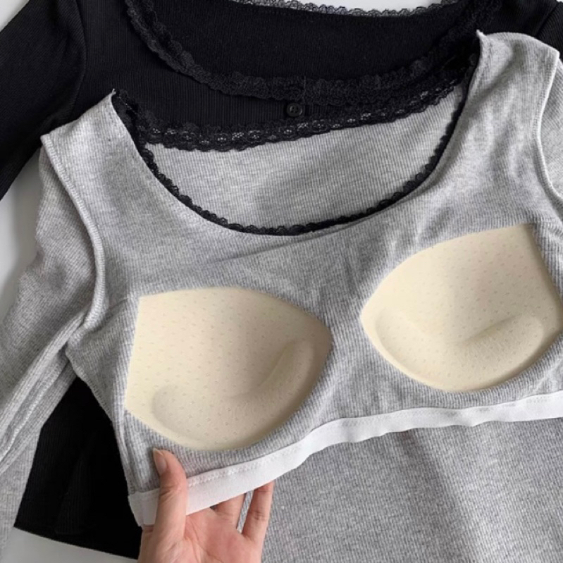 Áo thun nữ trơn dài tay cổ tròn viền ren dáng ôm chất thun gân giữ nhiệt phong cách vintage T07