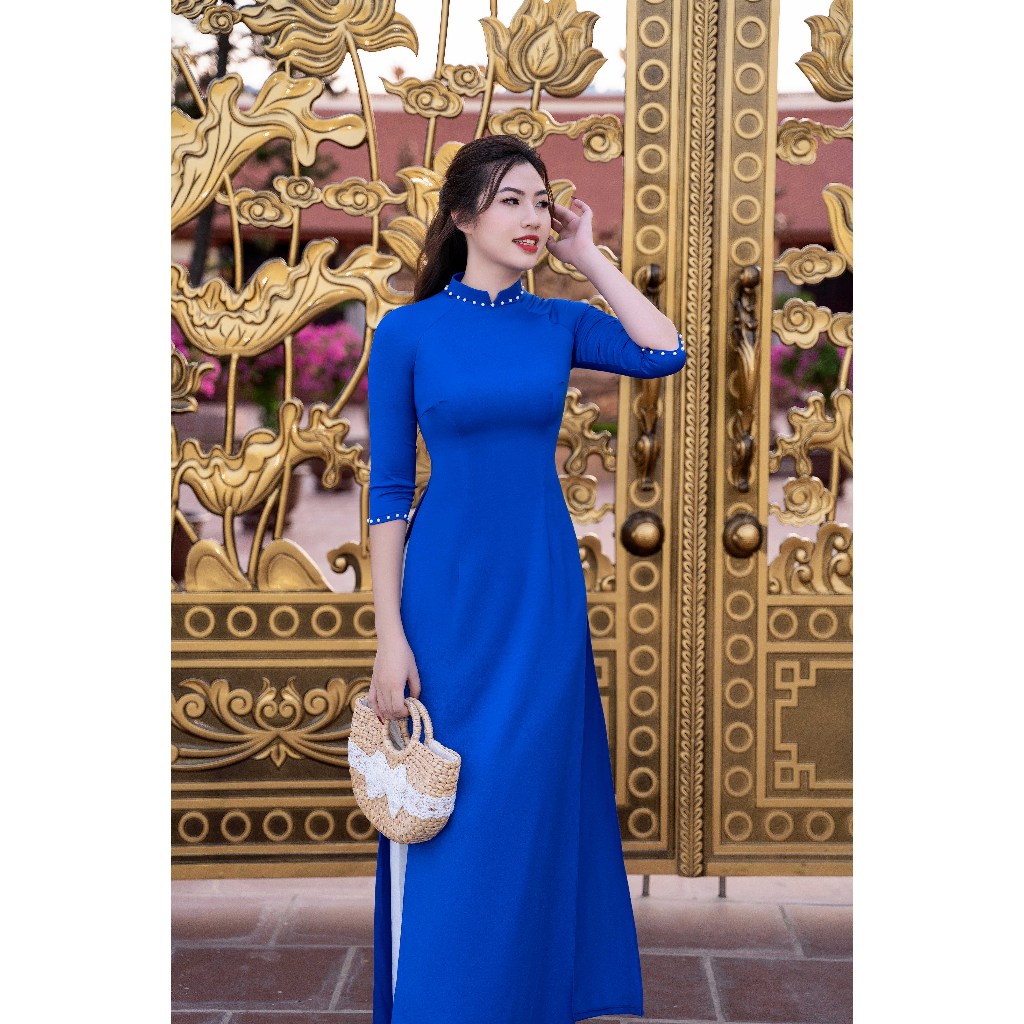 Áo dài Tây Thi 2 tà, cổ đính đá cao cấp, màu Xanh Coban phổ biến