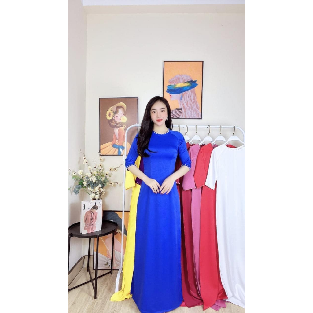 Áo dài Tây Thi 2 tà, cổ đính đá cao cấp, màu Xanh Coban phổ biến