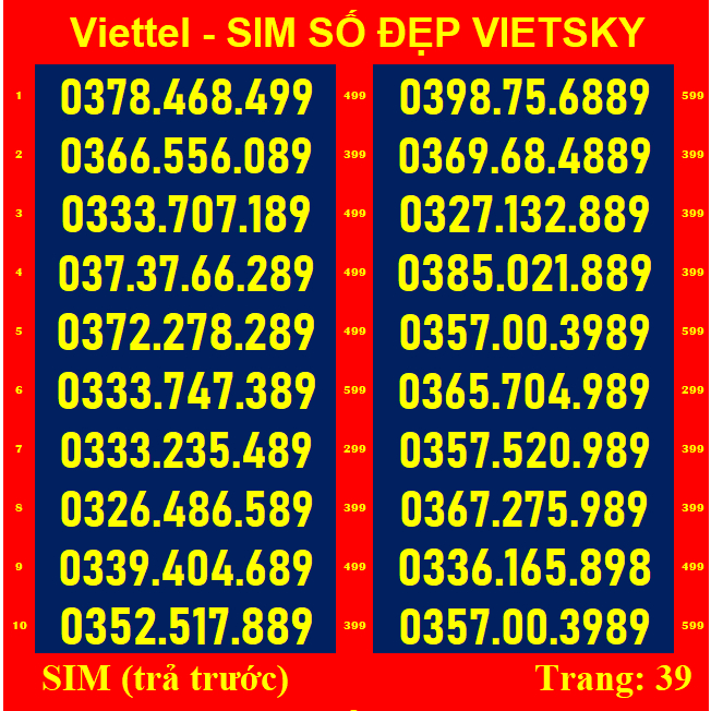 SIM SỐ ĐẸP viettel Đuôi 88,99,98,89 - TR38,39,40 - Dễ Nhớ *** SIM Viettel được nhiều người yêu  thích