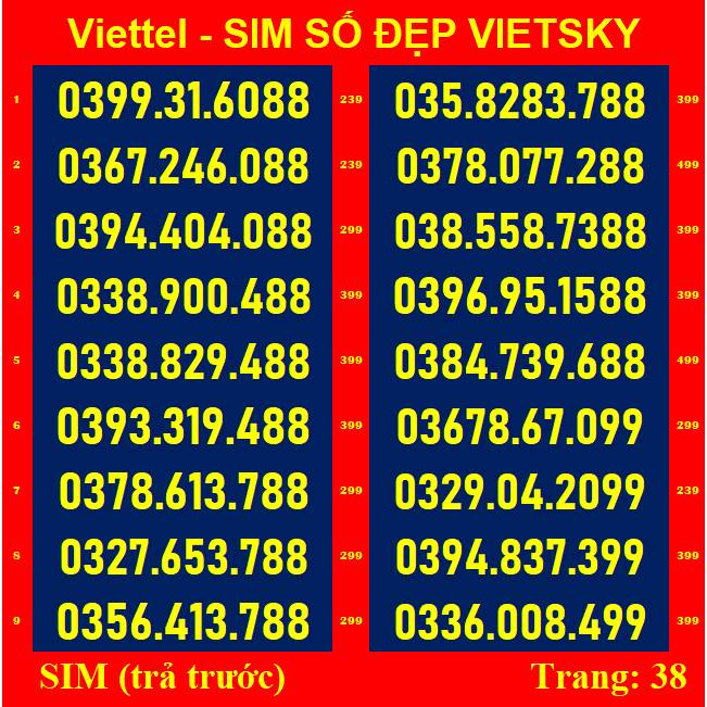 SIM SỐ ĐẸP viettel Đuôi 88,99,98,89 - TR38,39,40 - Dễ Nhớ *** SIM Viettel được nhiều người yêu  thích