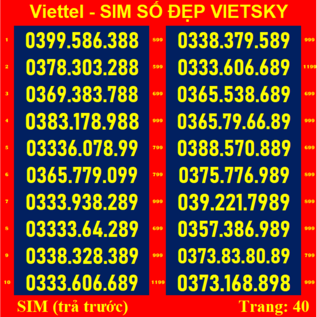 SIM SỐ ĐẸP viettel Đuôi 88,99,98,89 - TR38,39,40 - Dễ Nhớ *** SIM Viettel được nhiều người yêu  thích