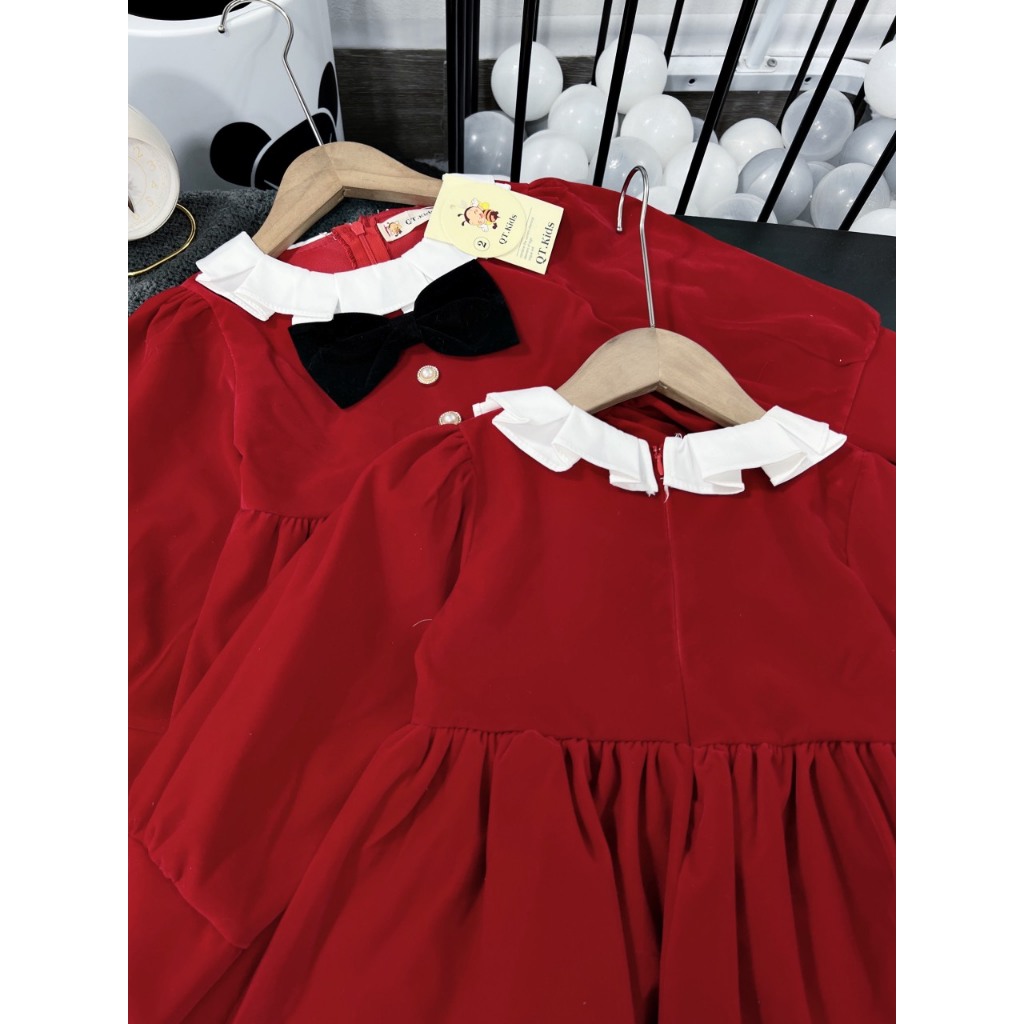 V36 - Váy bé gái Nhung đỏ cổ xếp li nhấn nơ ngực tà váy 2 tầng bồng xòe đẹp cho bé gái diện noel tết  8 - 30kg