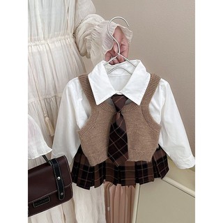 S27 - Set váy bé gái 4 chi tiết Áo sơ mi kẻ - gile len - chân váy ngắn đẹp - cà vạt cho bé gái diện đi học đi chơi dễ th