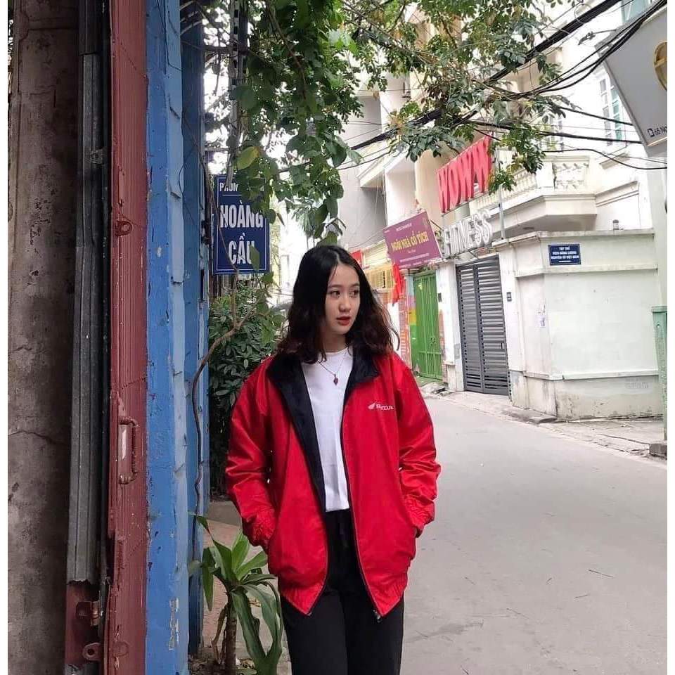 Áo khoác gió Honda 2 mặt đỏ đen cho thợ sửa xe máy.