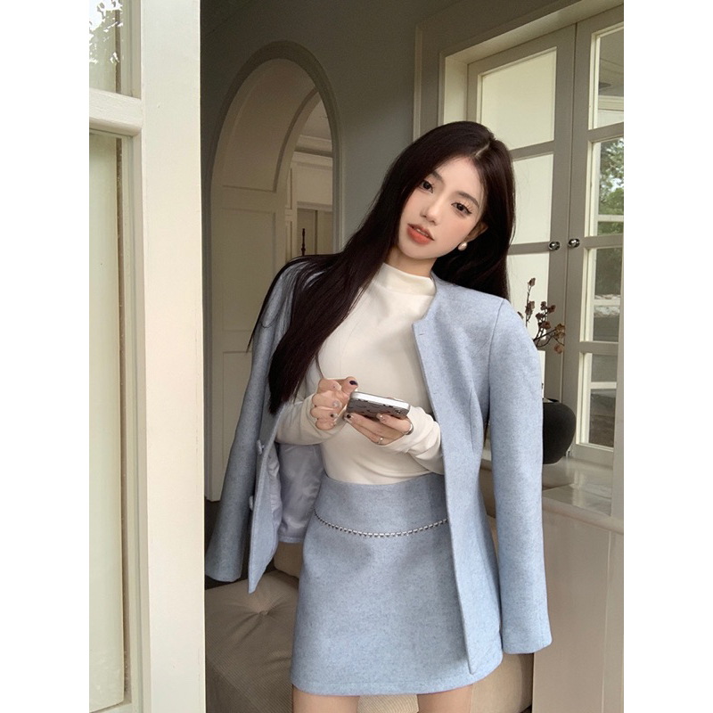 𝐎𝐇𝐘𝐎𝐎: Set áo khoác dạ dài tay và chân váy thời trang nữ thu đông