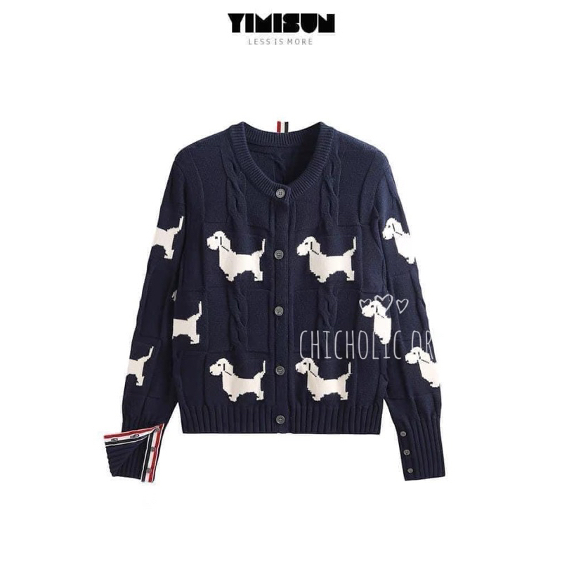 YIMISUN thiết kế hình chó dệt hoa xoắn lười cổ tròn dệt kim cardigan nữ