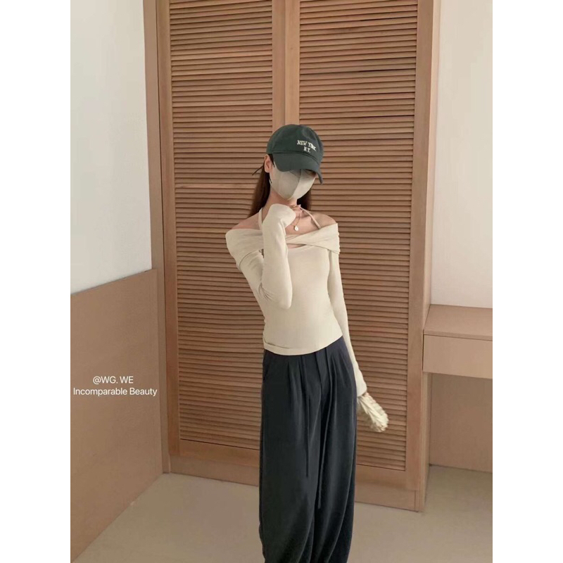Áo thun sọc tăm bẹt vai xoắn ngực dây buộc 6230