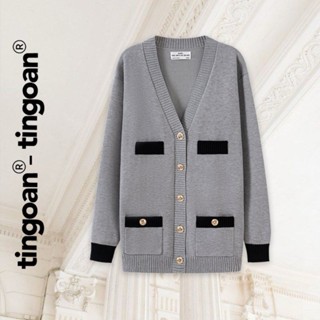 TINGOAN® - Áo khoác cardigan len xù xám viền túi đen NAOMI CARDIGAN/GR