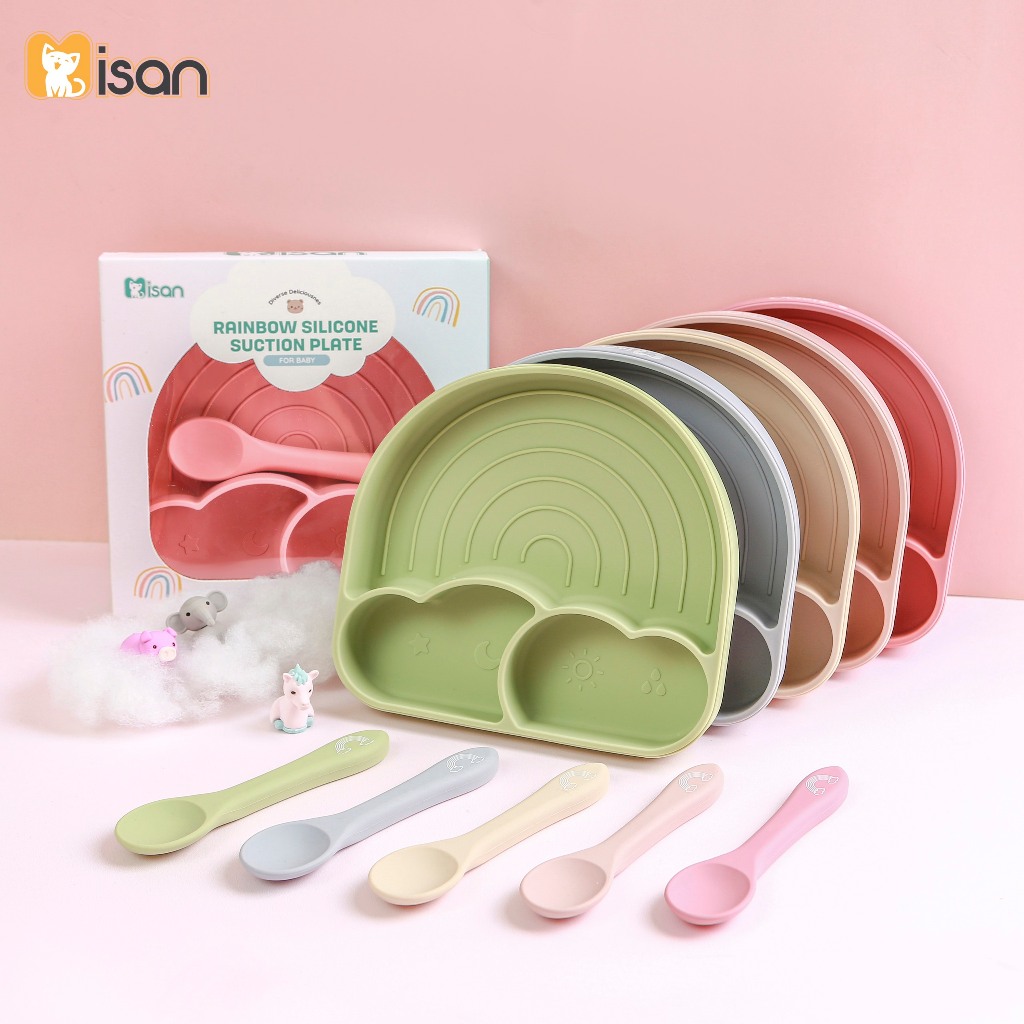Khay ăn dặm silicone cho bé Misan hình đám mây có chia ngăn, Khay ăn dặm silicone có đế hút chống lật Shopmegold1