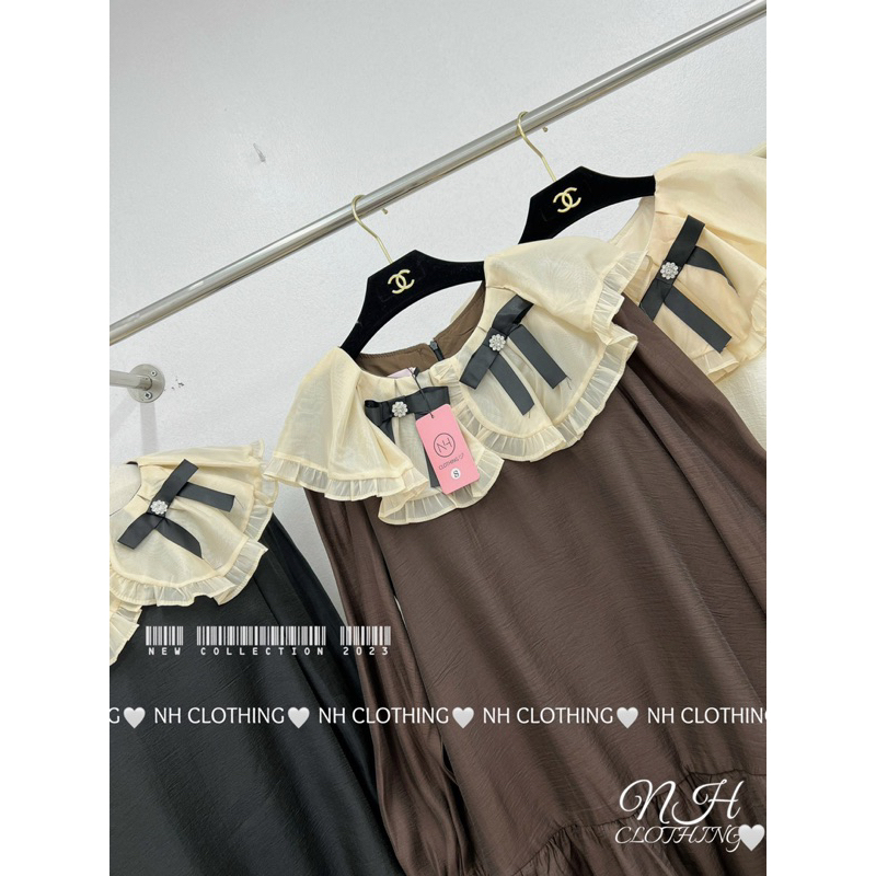 Váy xuông tơ đuôi cá cổ bèo nơ