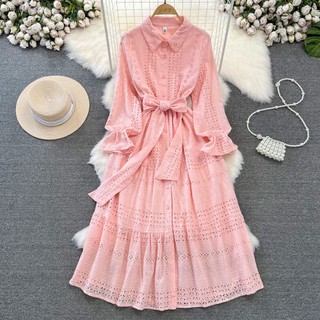 #4182 [CÓ SẴN - GIAO NGAY] Đầm dài tay Quảng Châu cổ sơ mi kèm dây buộc eo freesize 11 màu thanh lịch