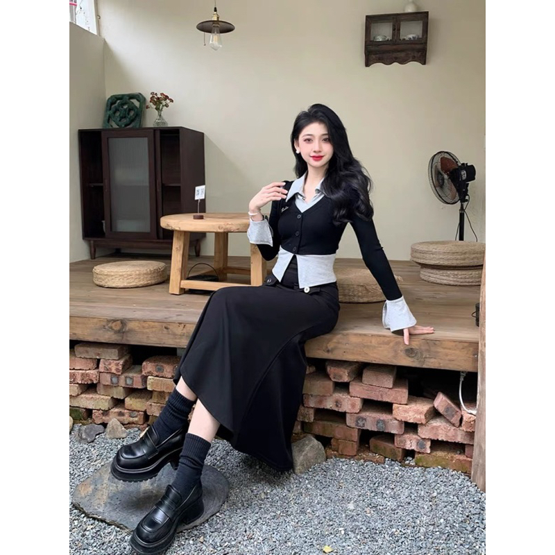 Set Áo Len Tăm Đen Phối Thun Zip Xám Mix Chân Váy Umi Dáng Dài