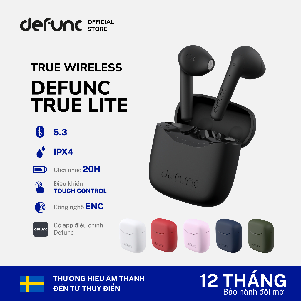 Tai nghe True Wireless Bluetooth Defunc True Lite, thời gian nghe 20h , chống ồn môi trường, sạc nhanh 1.5h