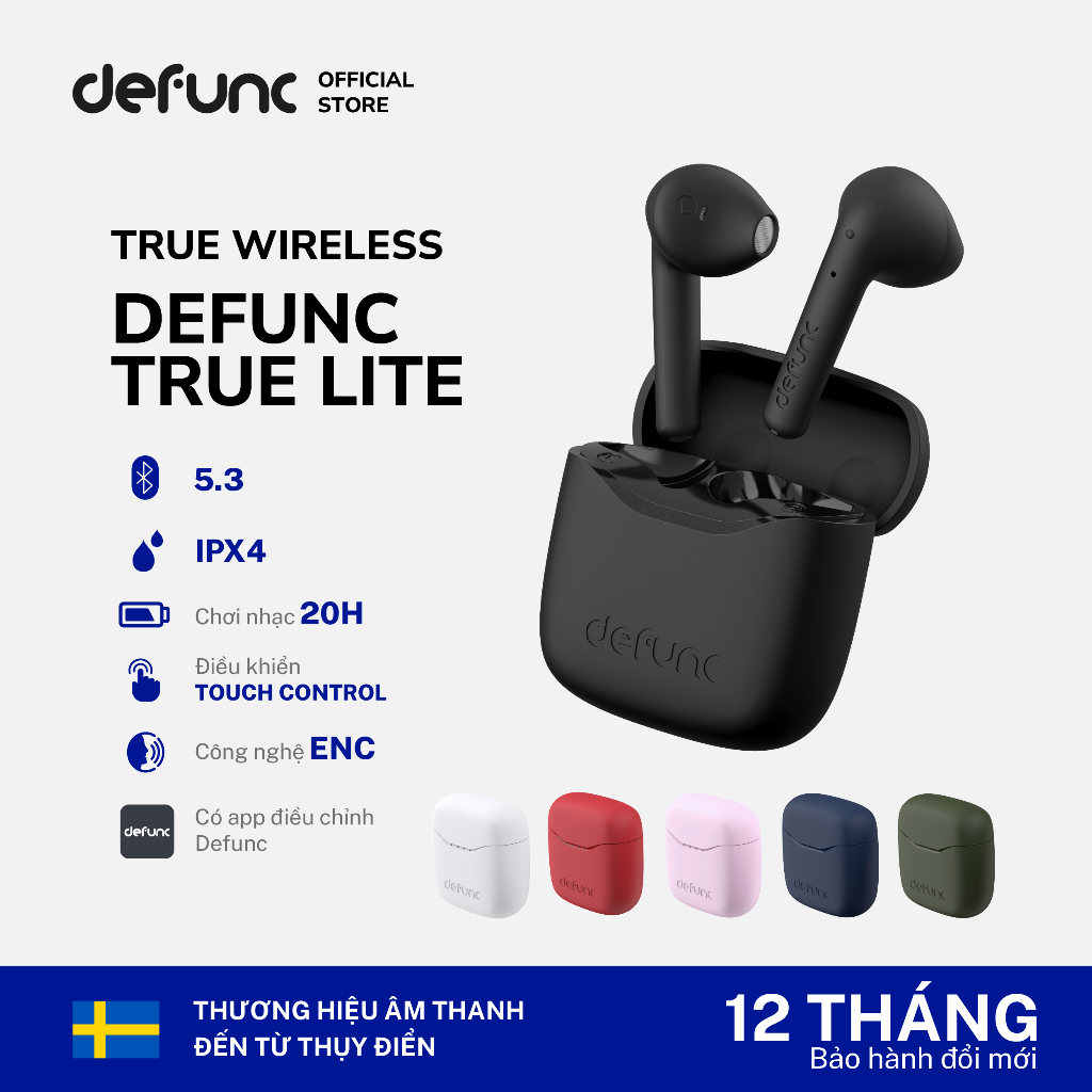 Tai nghe True Wireless Bluetooth Defunc True Lite, thời gian nghe 20h (cả hộp sạc), chống ồn môi trường, sạc nhanh 1.5h