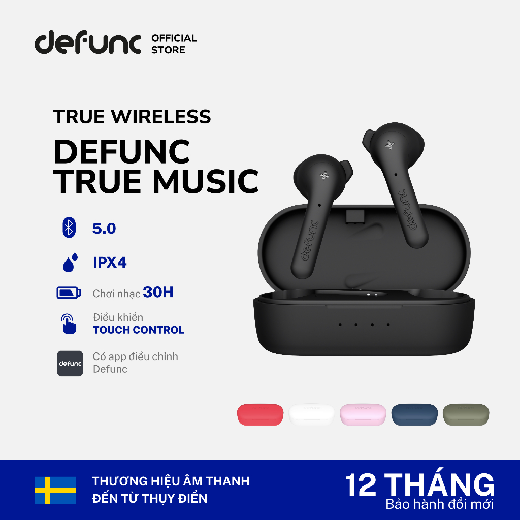 Tai nghe True Wireless Bluetooth Defunc True Music, thời gian nghe 22h , chống ồn môi trường, sạc nhanh 1.5h