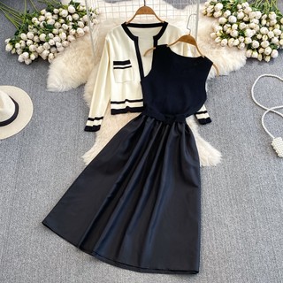 HA4189 [Sẵn một số màu] Set thời trang nữ hàng QC gồm đầm không tay + áo cardigan mỏng Quảng Châu tiểu thư 2 màu