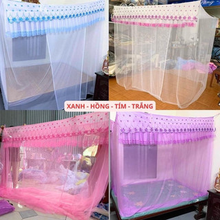 Màn Ngủ Thêu Hoa Ban Mai màn chụp tự bung cao cấp, Màn Mắc Dây 4 góc vải tuyn mát lạnh