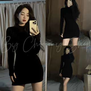 Đầm body tay dài dáng ngắn cổ cao 3 phân xỏ ngón tôn dáng chất cotton co giãn 4 chiều - Chocomyshop