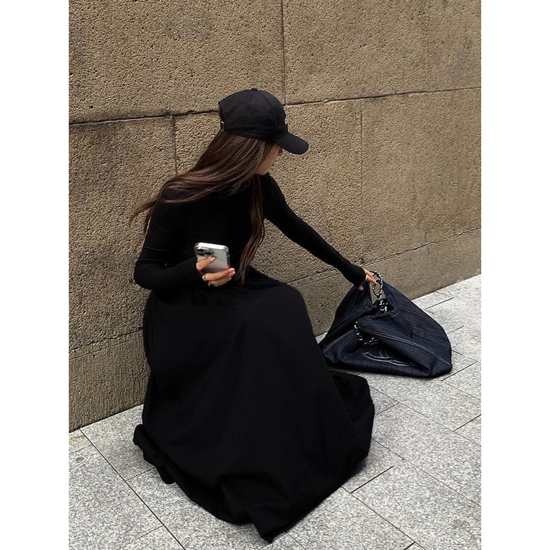 Đầm Thun Dài Tay Dáng Dài Cổ Cao Phong Cách Trẻ Trung Năng Động Hàng QC