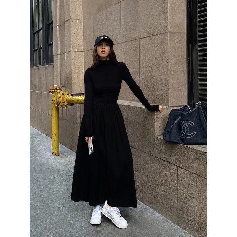 Đầm Thun Dài Tay Dáng Dài Cổ Cao Phong Cách Trẻ Trung Năng Động Hàng QC