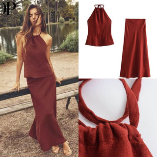 Sét đầm đỏ cổ yếm hở lưng kèm chân váy  hàng TQ