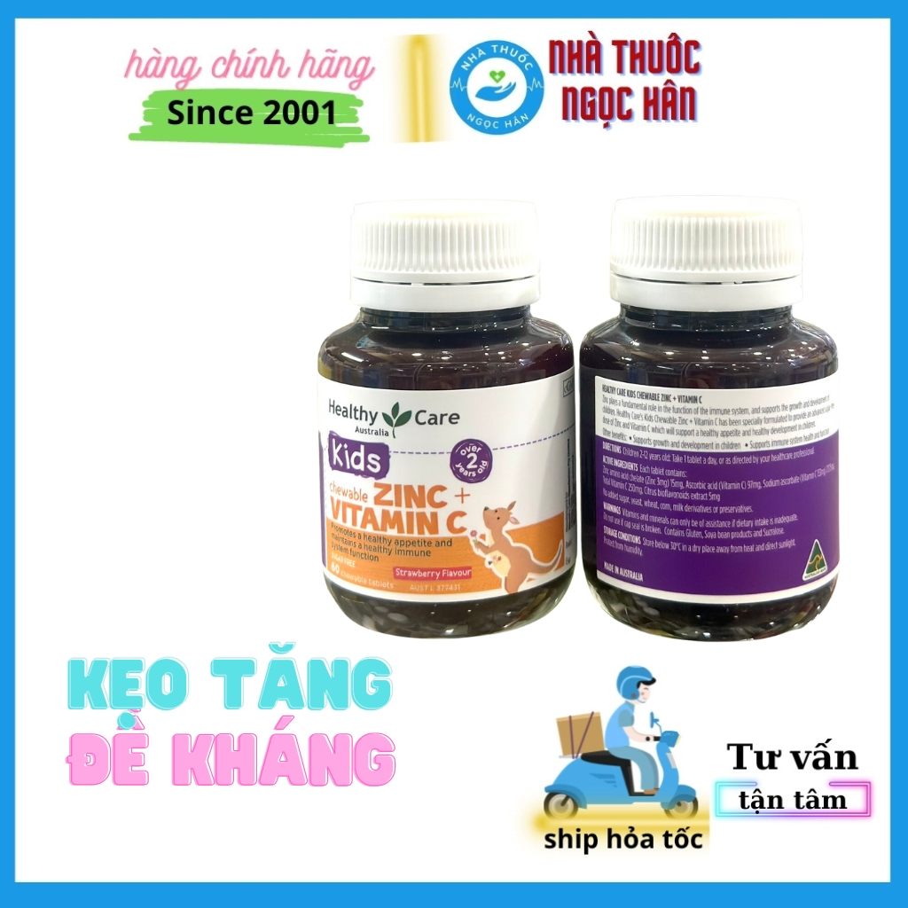 Kẹo Nhai Zinc +Vitamin C HEALTHY CARE Lọ 60 Viên Nhai Dùng Cho Trẻ Em Tăng Cường Sức Đề Kháng Với Hương Dâu Thơm Ngọt
