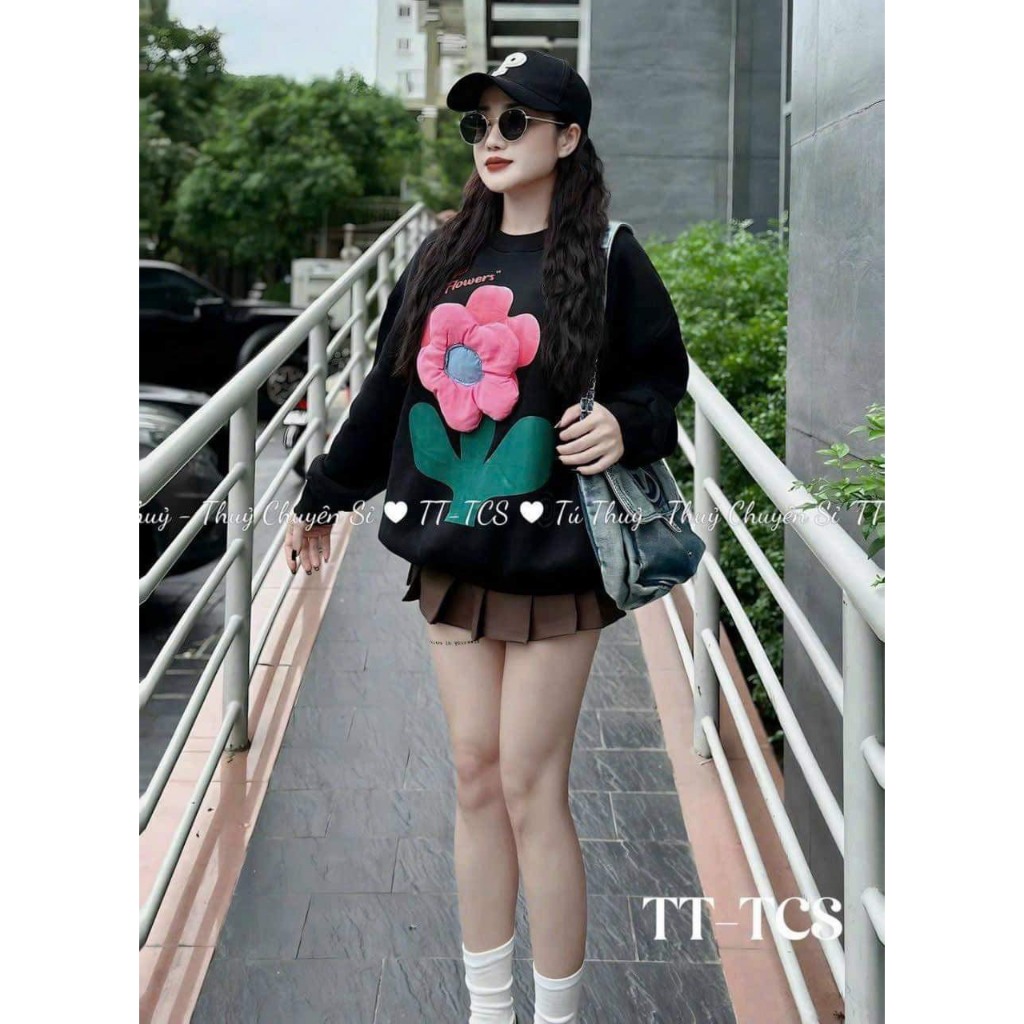 Áo nỉ Sweatar đính hoa nổi chất nỉ bông dáng thụng thời trang hàn quốc