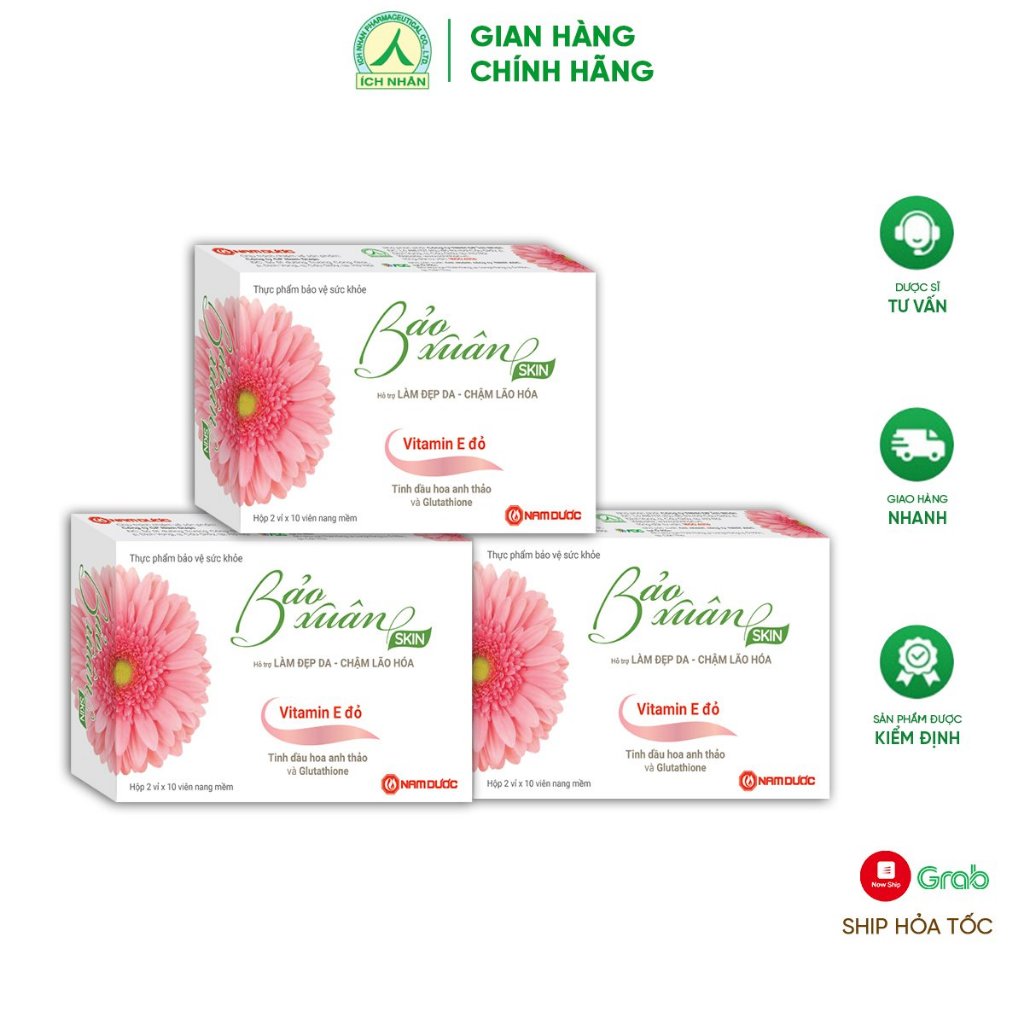 Combo 3 hộp viên Uống Trắng Da Bảo Xuân Skin - Hỗ Trợ Làm Đẹp, Giảm Nếp Nhăn Và Tắng Cường Nội Tiết Tố Nữ - Hộp 20 Viên