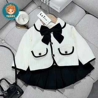 Đầm, váy tầng sóng kèm áo khoác cadigan thêu hello kitty (2 chi tiết)