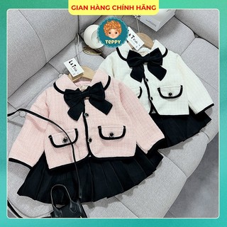Set váy dạ tiểu thư nơ cổ cho bé gái