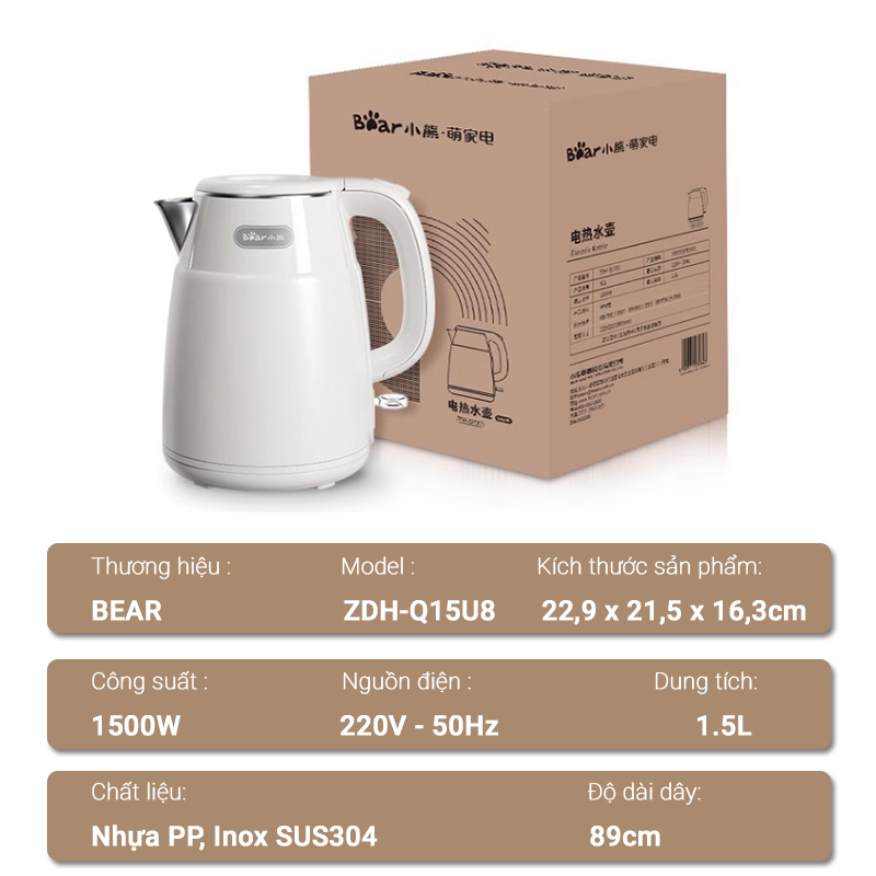 Ấm siêu tốc Ấm đun nước Bear ZDH-Q15U8 dung tích 1.5L công suất 1500W đun sôi nước cực nhanh hàng chính hãng