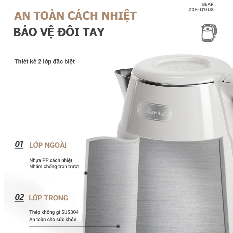 Ấm siêu tốc Ấm đun nước Bear ZDH-Q15U8 dung tích 1.5L công suất 1500W đun sôi nước cực nhanh hàng chính hãng