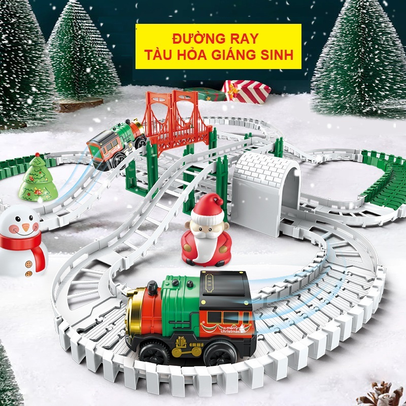 Xe lửa đồ chơi tàu hỏa chạy trên đường ray kèm ông già Noel cây thông giáng sinh cho bé, quà tặng sinh nhật cho bé