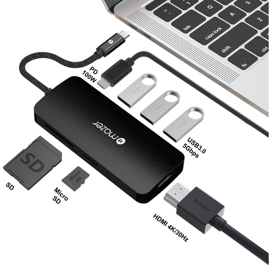 Cổng Chuyển Đổi TypeC Mazer USB-C 7-in-1 HUB. 01 HDMI 4K, 01 SD, 01 Micro SD, 01 USB-C, 03 USB-A Màu Đen, Aluminum