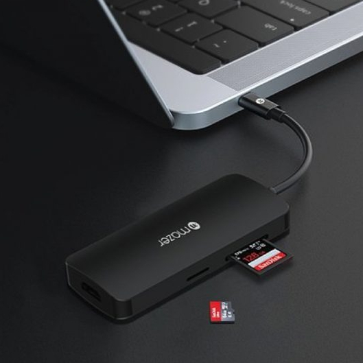 Cổng Chuyển Đổi TypeC Mazer USB-C 7-in-1 HUB. 01 HDMI 4K, 01 SD, 01 Micro SD, 01 USB-C, 03 USB-A Màu Đen, Aluminum