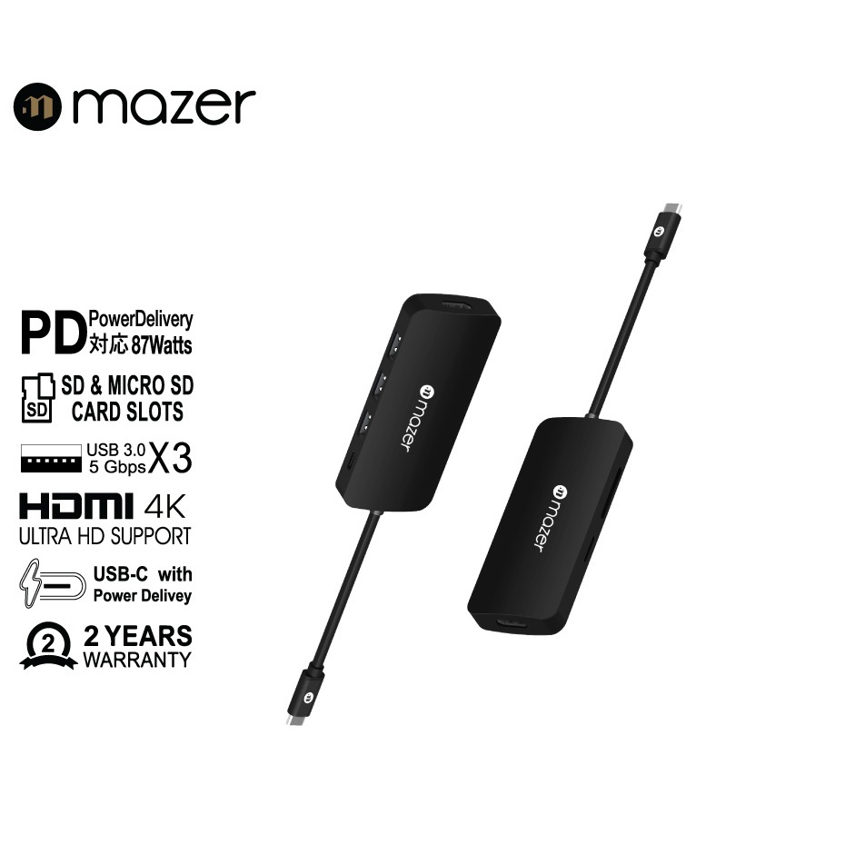 Cổng Chuyển Đổi TypeC Mazer USB-C 7-in-1 HUB. 01 HDMI 4K, 01 SD, 01 Micro SD, 01 USB-C, 03 USB-A Màu Đen, Aluminum